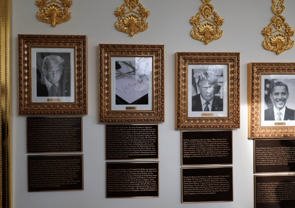 Portraits of Donald Trump and Barack Obama in ornate gold frames with descriptive plaques at the Presidential Walk of Fame in the White House.