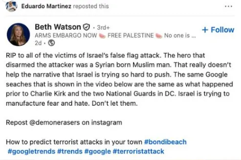 A social media post by Beth Watson reposted by Eduardo Martinez that claims the Bondi Beach mass shooting was an Israeli false flag attack.