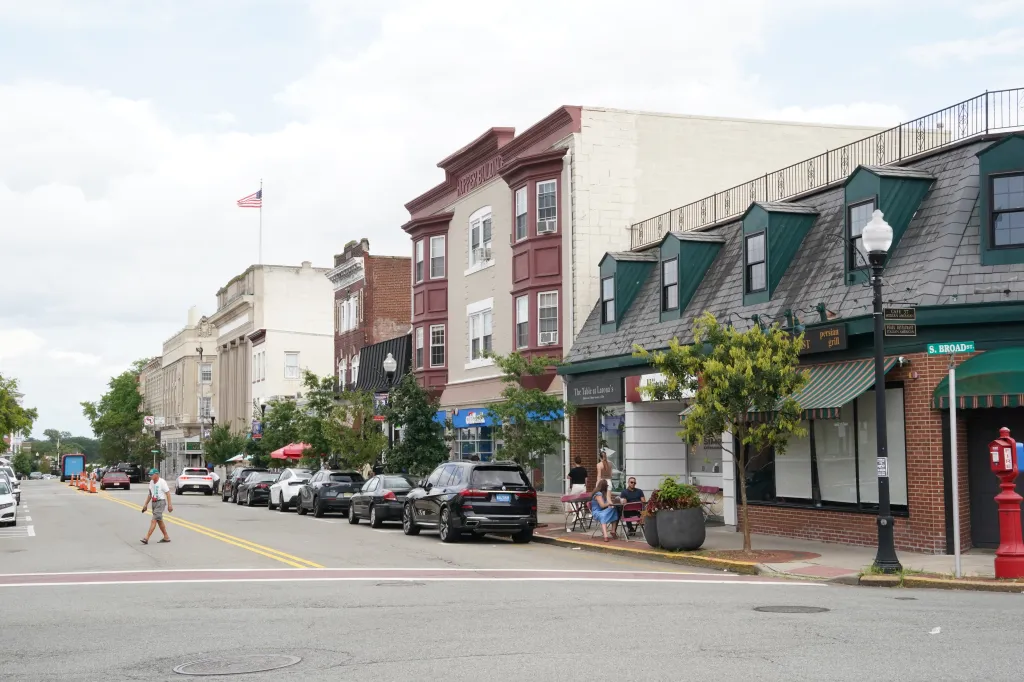A general view of shops, restaurants, and buildings in the downtown section of Ridgewood, New Jersey.