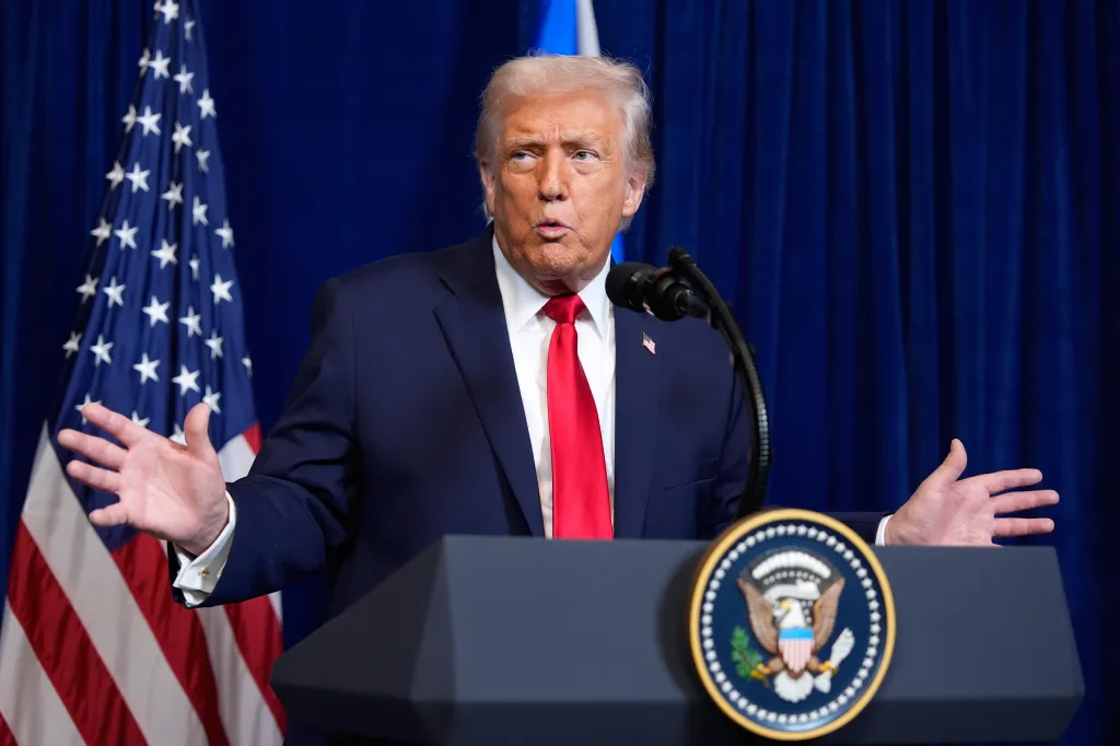 President Donald Trump speaks during a news conference with Israel's Prime Minister Benjamin Netanyahu at Mar-a-Lago, Monday, Dec. 29, 2025, in Palm Beach, Fla