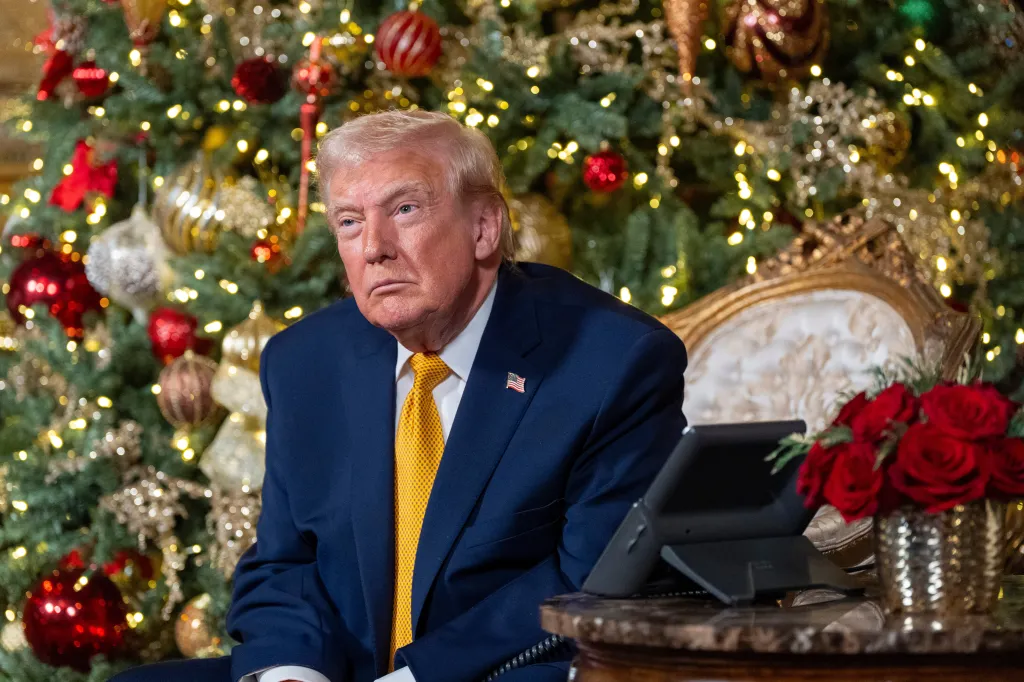 Donald Trump speaks during a NORAD Tracks Santa Operation call in front of a Christmas tree.