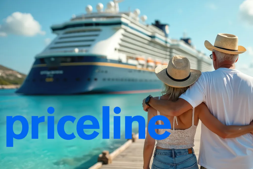 Illustration of a couple watching a cruise ship from a pier, with the word 