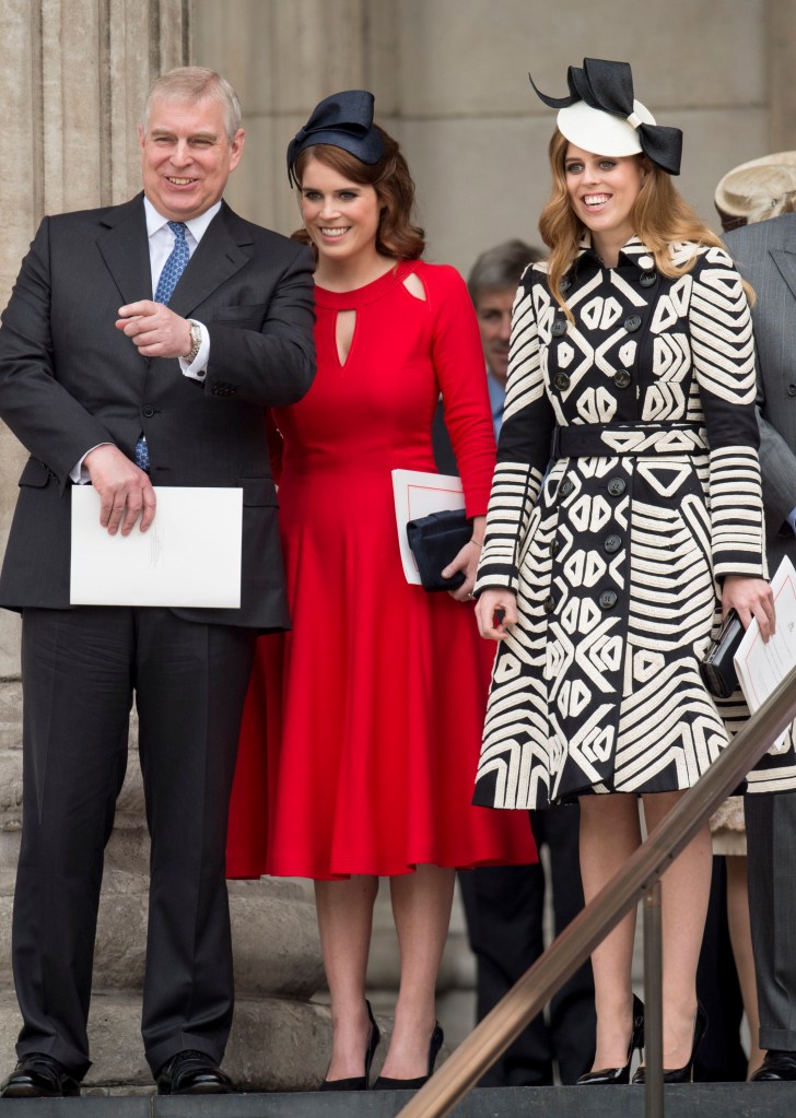 Prince Andrew, Princess Eugenie, and Princess Beatrice at a National Service of Thanksgiving.