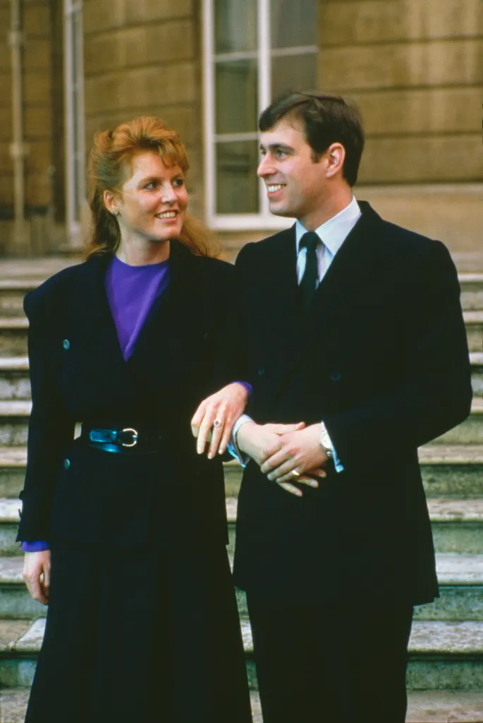 Prince Andrew and Sarah Ferguson arm-in-arm at their engagement announcement.