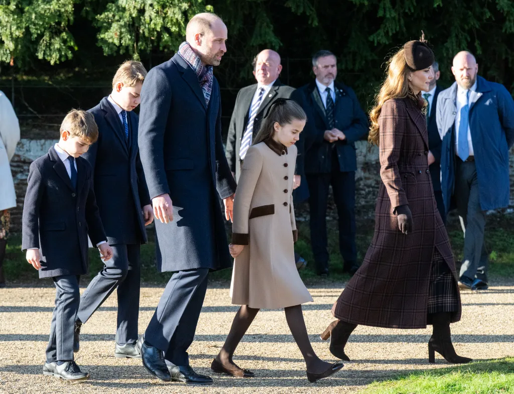 Prince William, Catherine, Princess of Wales, and their children Prince George, Princess Charlotte, and Prince Louis walking to Christmas morning service.