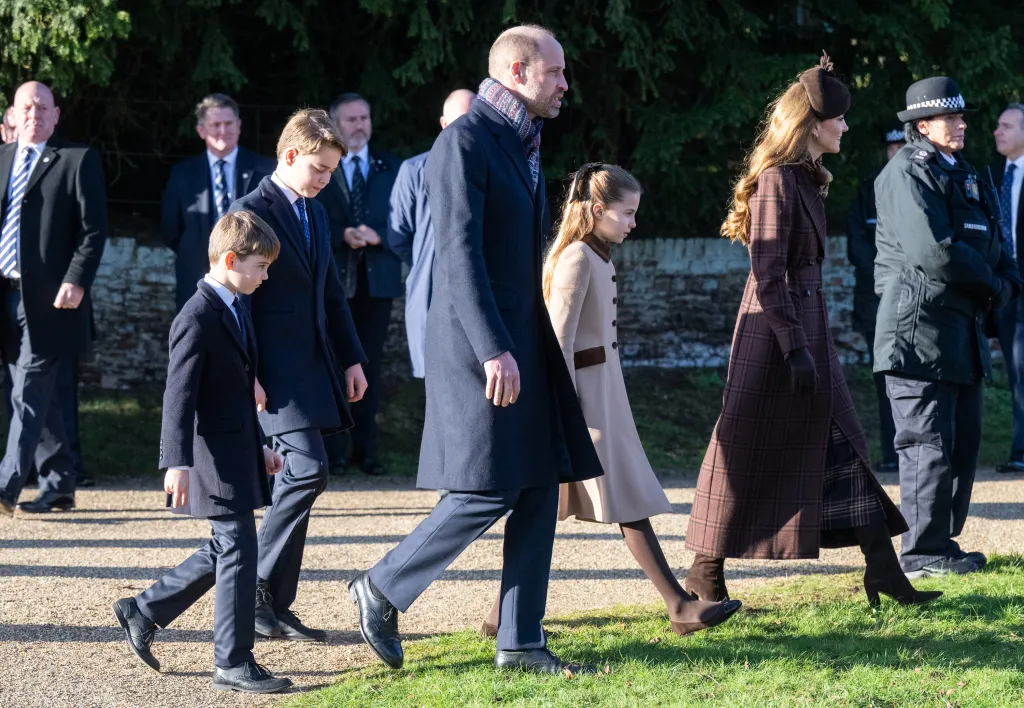 Prince William, Prince George, Princess Charlotte, Prince Louis, and Catherine Princess of Wales attend Christmas Morning Service.