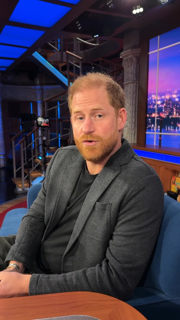 Prince Harry speaking on The Late Show with Stephen Colbert.