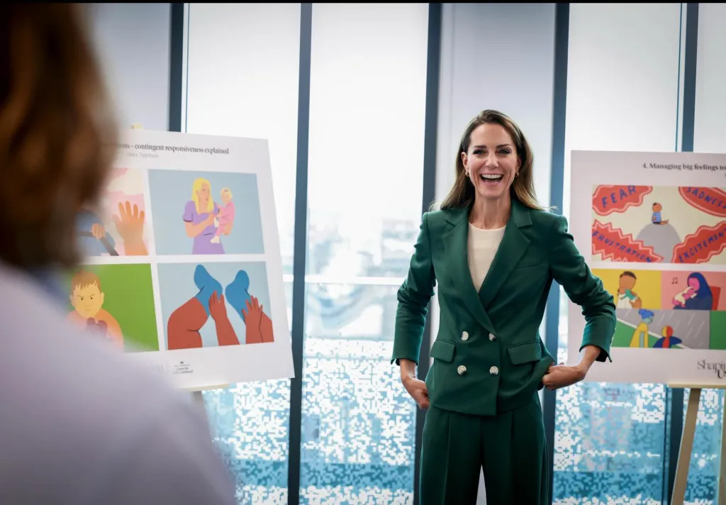 Kate Middleton in a green suit laughing, with two illustrated display boards about emotions and responsiveness behind her.