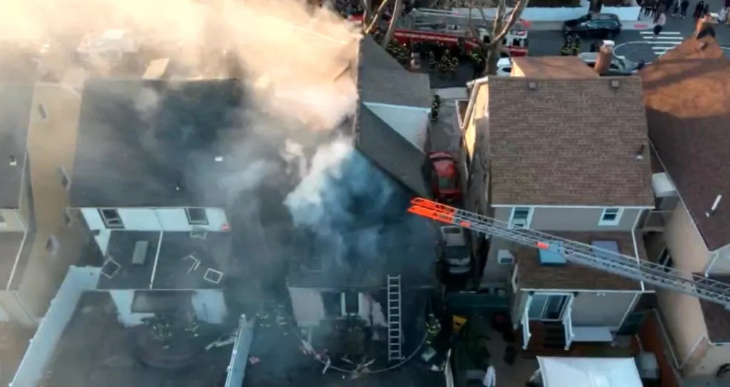 Aerial view of firefighters battling a house fire in Queens, with smoke billowing from the roofs of several houses.
