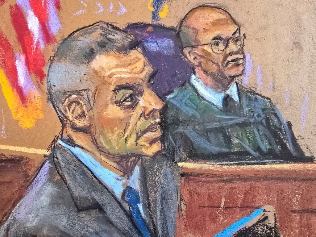 Illustration of Luigi Mangione and Justice Gregory Carro at a pretrial hearing.