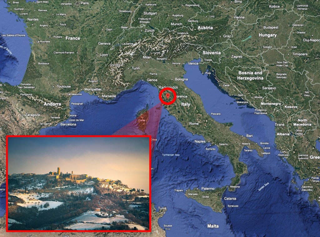 Collage of a map of Europe with Radicondoli, Italy highlighted, and a winter photo of Radicondoli.