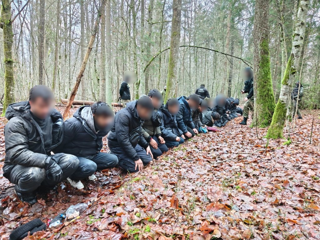 Detained individuals kneeling on a forest floor with border guards nearby.