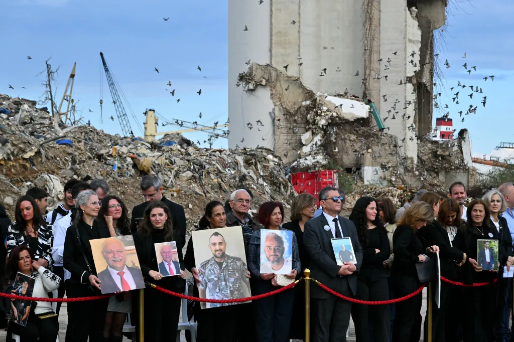 Relatives of victims wait for the arrival of Pope Leo XIV for a silent prayer at the site of the 2020 Beirut port explosion.
