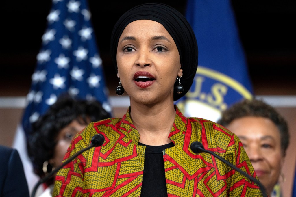 Rep. Ilhan Omar speaking at a news conference on Capitol Hill.