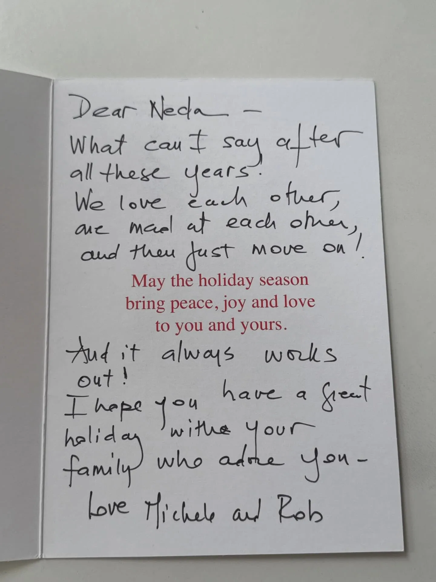 A handwritten holiday card from Michele and Rob Reiner to Neda Soderqvist.