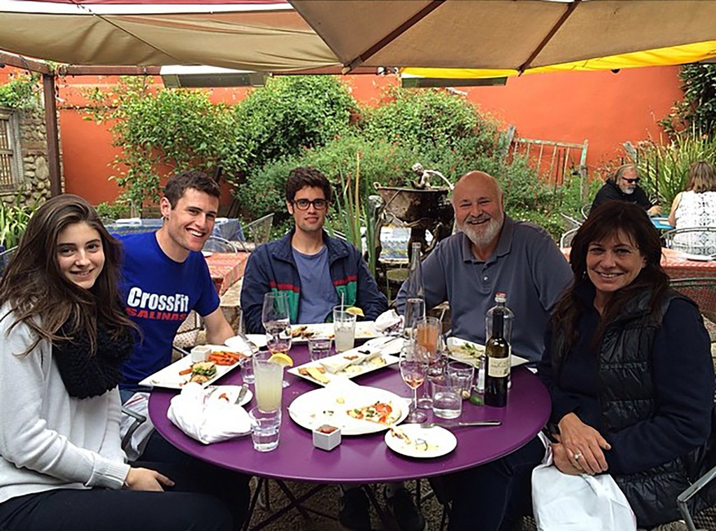 Rob Reiner with Michele, Romy, Nick, and Jake at an outdoor restaurant.