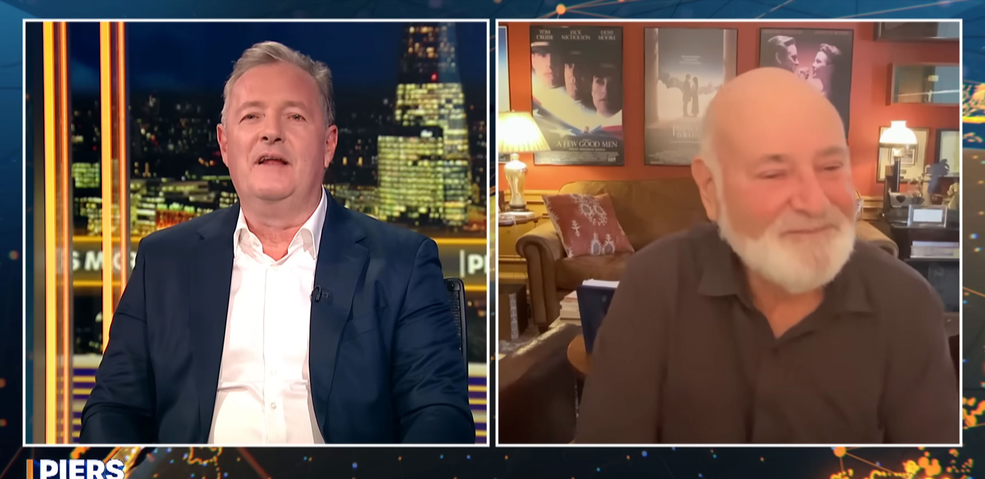 A split screen showing Piers Morgan on the left and Rob Reiner on the right.