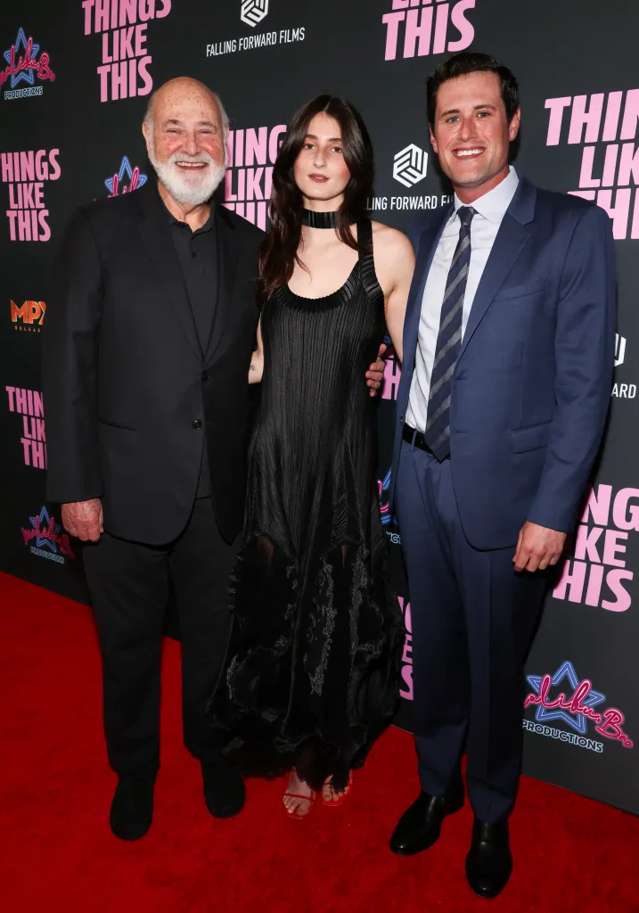 Rob Reiner, Romy Reiner, and Jake Reiner pose for a photo at the premiere of 