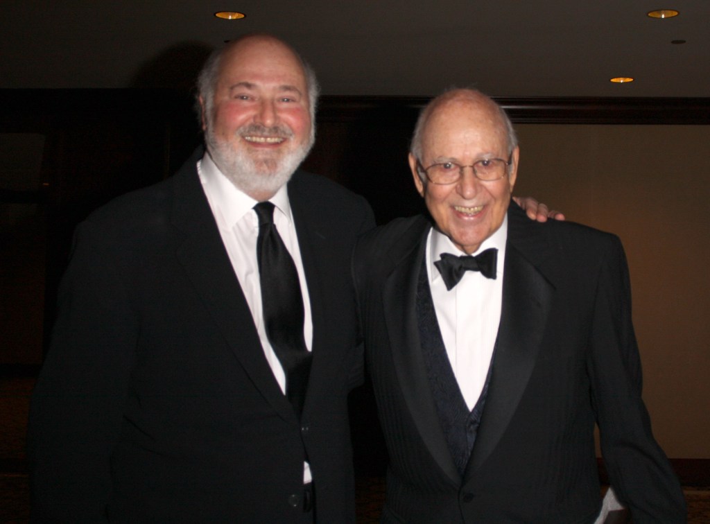 Rob Reiner and Carl Reiner in black suits at the 61st Annual Writers Guild Awards.
