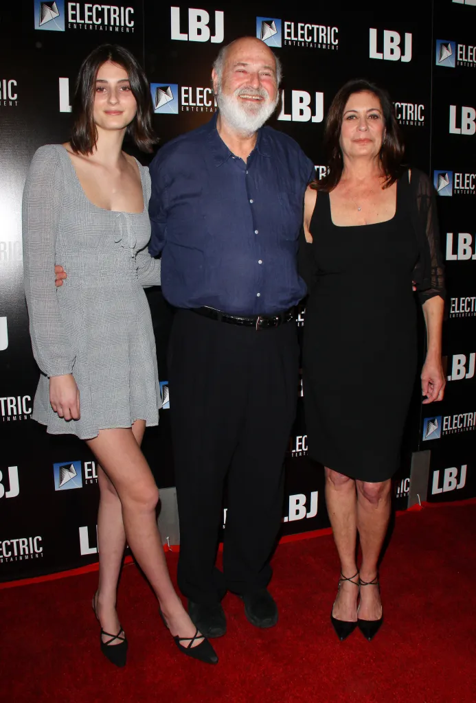 Romy Reiner, Rob Reiner, and Michele Singer Reiner on a red carpet.