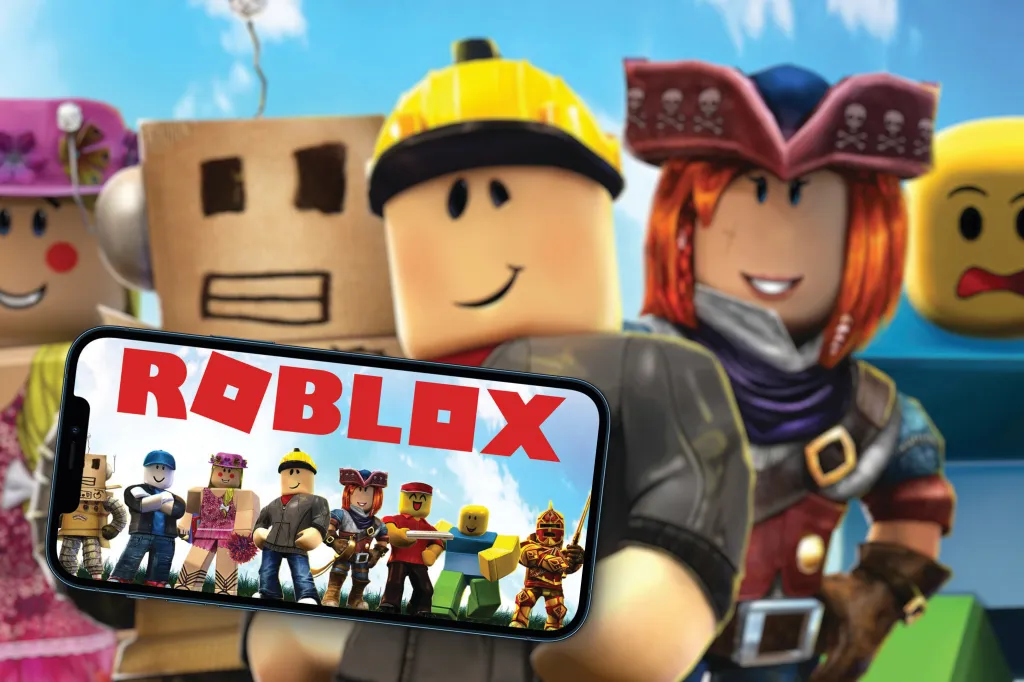 Roblox game app on a smartphone screen, with Roblox characters blurred in the background.