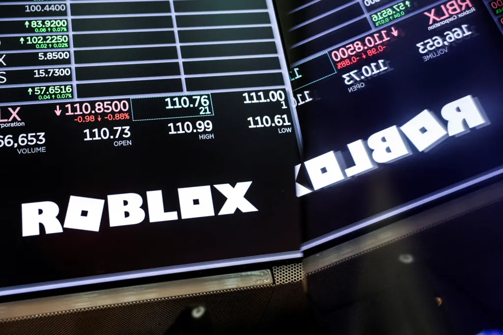 The Roblox logo and stock information are displayed on a screen at the New York Stock Exchange.