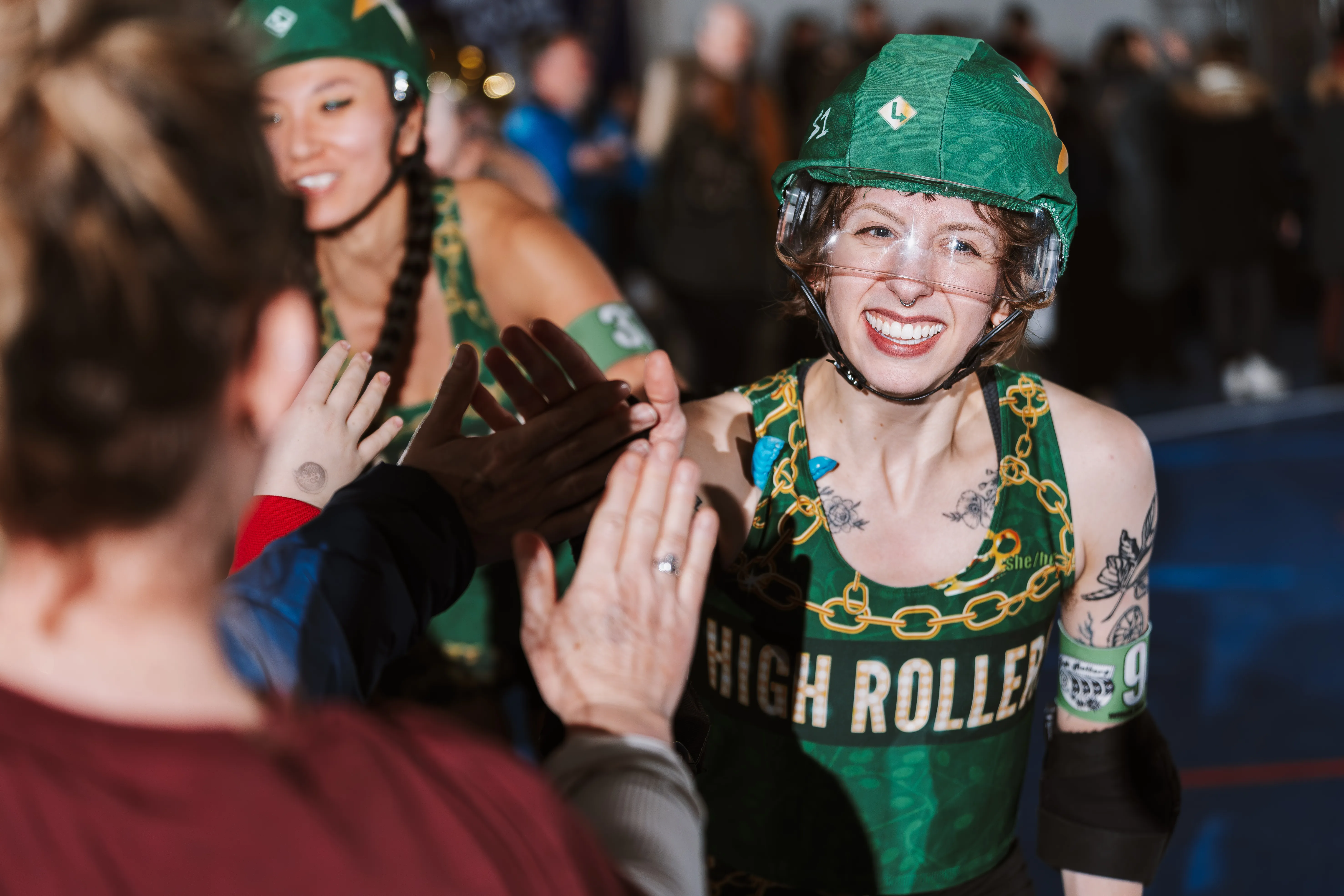 Margot Fisher smiling after a roller derby game on Feb. 1, 2025 in Portland, Ore.