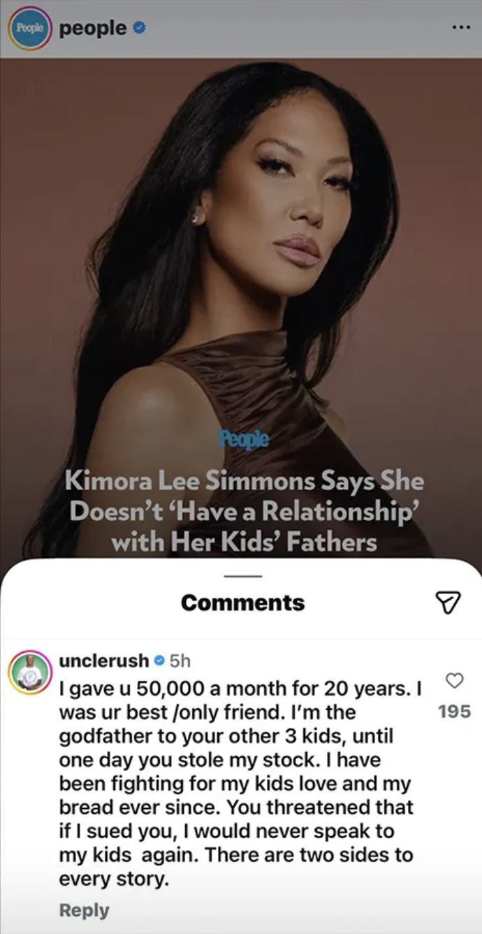 People magazine Instagram post about Kimora Lee Simmons with a comment from Russell Simmons.