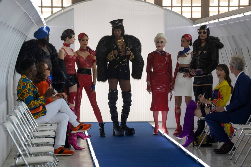 Samuel Arnold, Philippine Leroy-Beaulieu, Jeremy O. Harris, Lily Collins, and Bruno Gouery at a fashion show.