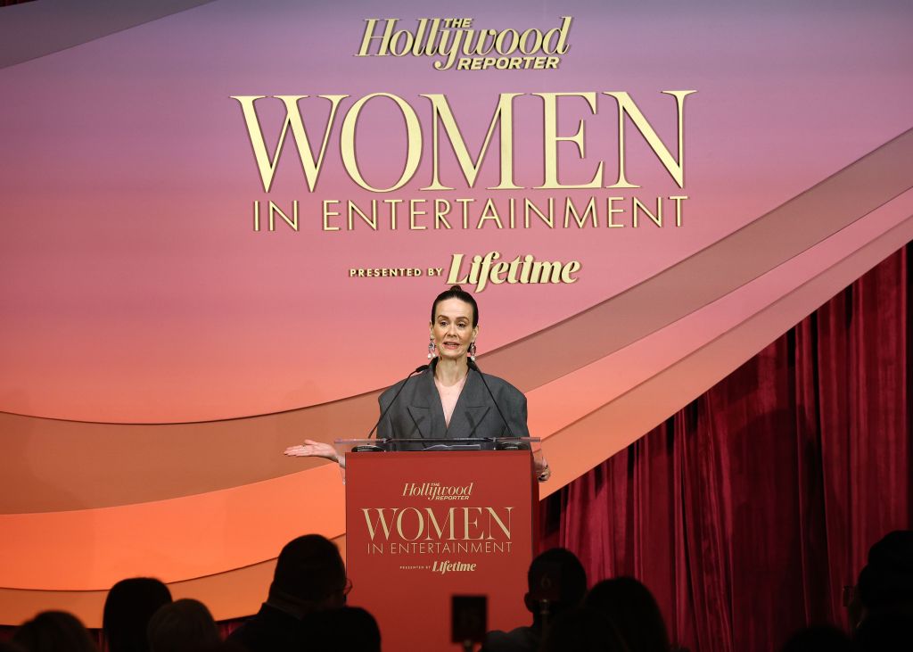 Sarah Paulson speaking onstage at The Hollywood Reporter Women In Entertainment event.