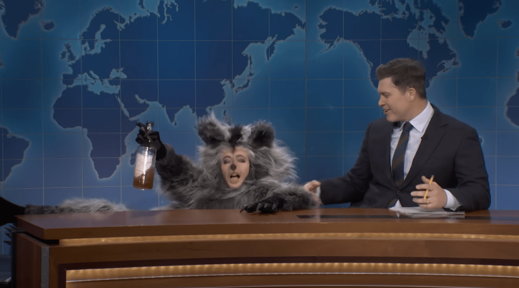 Sarah Sherman dressed as a drunk raccoon on SNL.