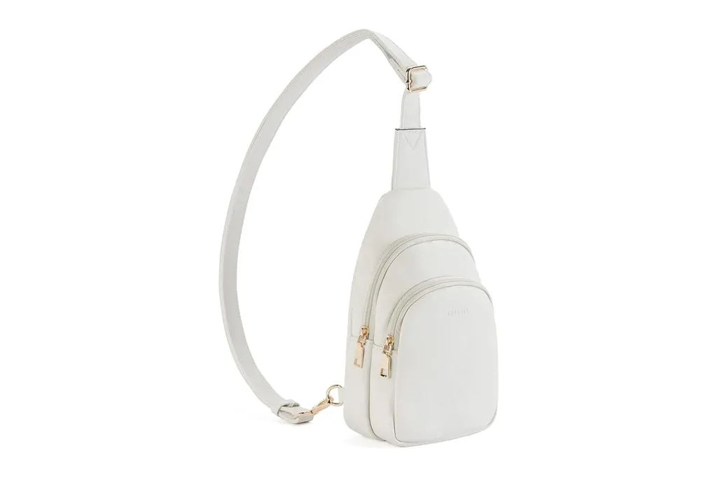 A white backpack with a strap