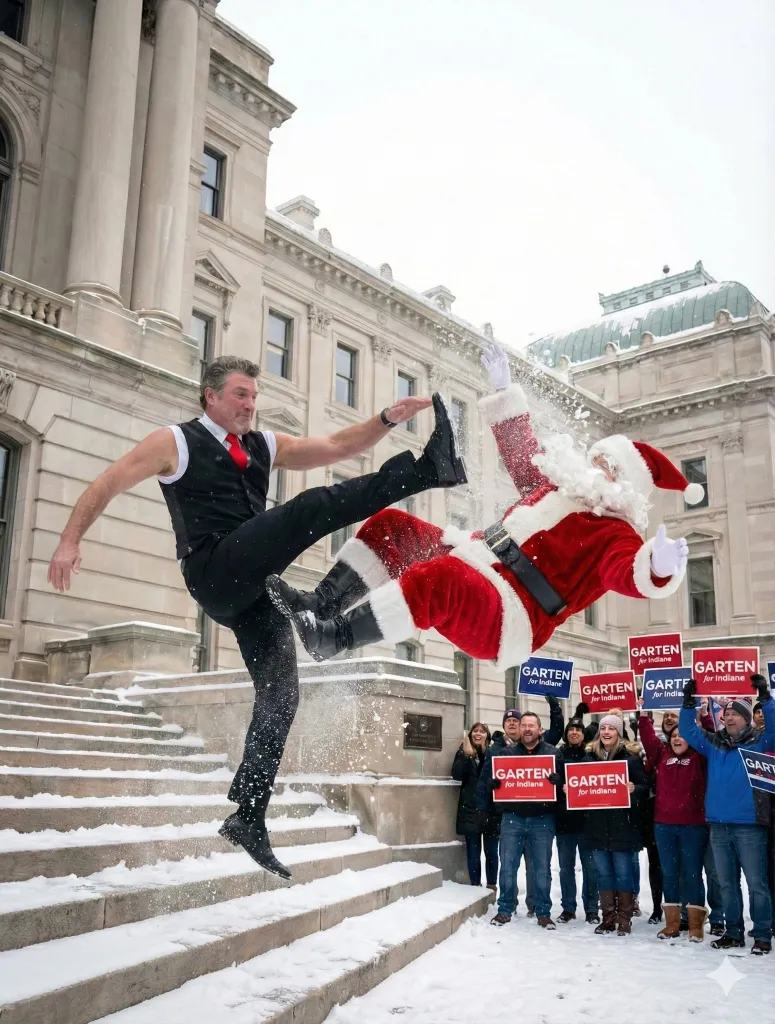 Illustration of Chris Garten in a vest and tie kicking Santa Claus in the snow on a large staircase, with supporters holding 