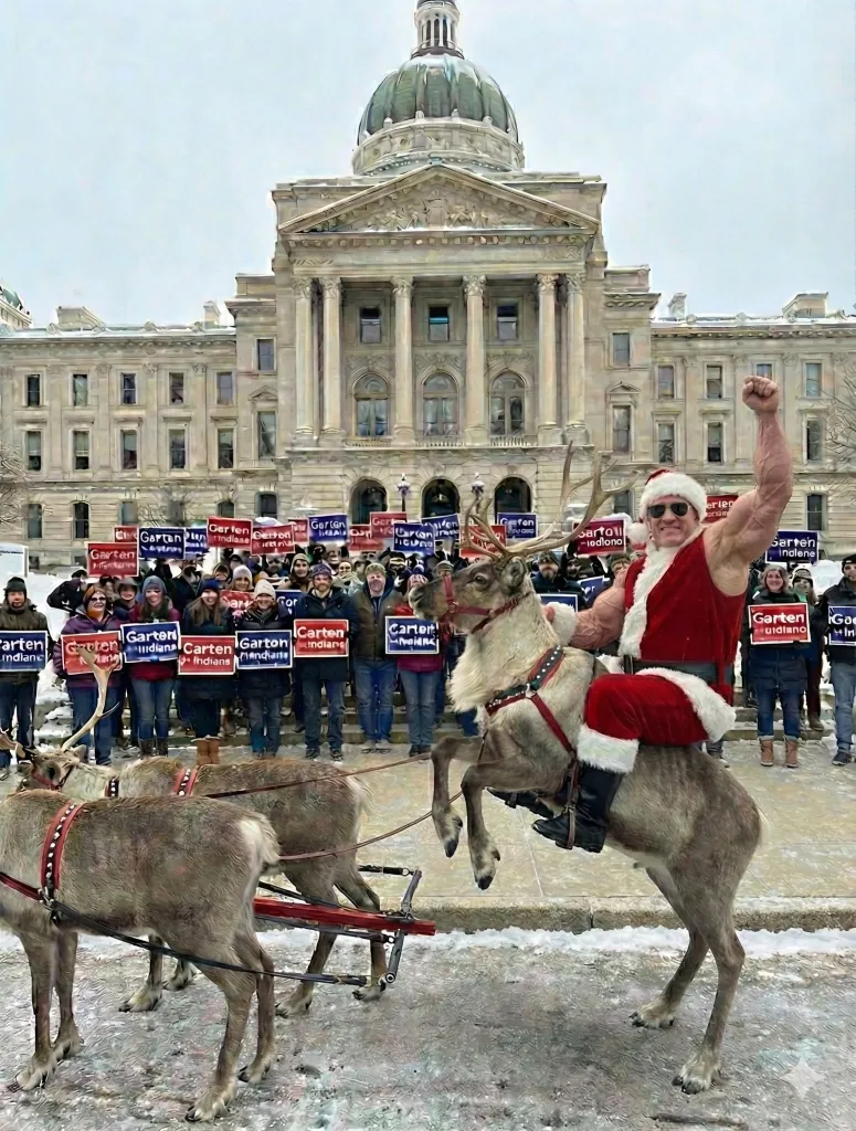 Illustration of Sen. Chris Garten in a Santa costume riding a reindeer, with a crowd holding 