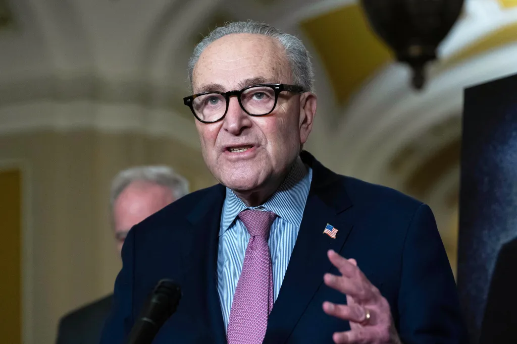 Senate Minority Leader Chuck Schumer speaking to reporters.