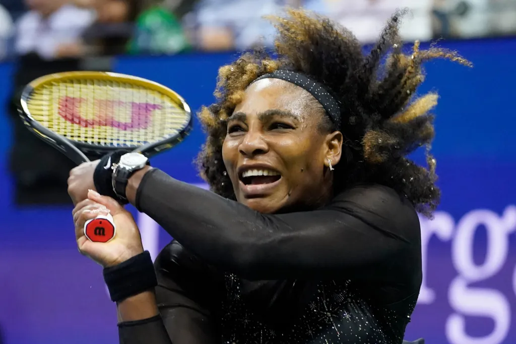 Serena Williams returns a shot during the U.S. Open tennis championships.