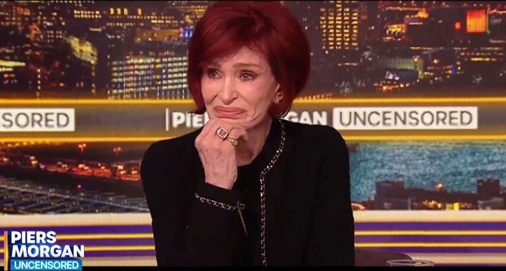 Sharon Osbourne crying during an interview with Piers Morgan Uncensored.