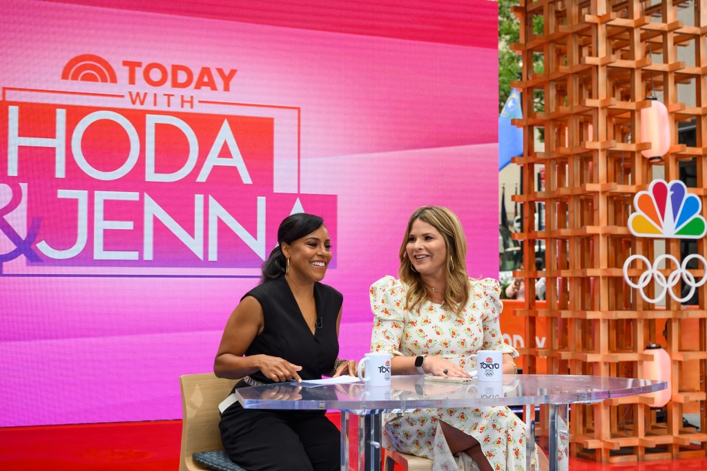 Sheinelle Jones and Jenna Bush Hager on the Today with Hoda & Jenna set, with Tokyo 2020 Olympic mugs.