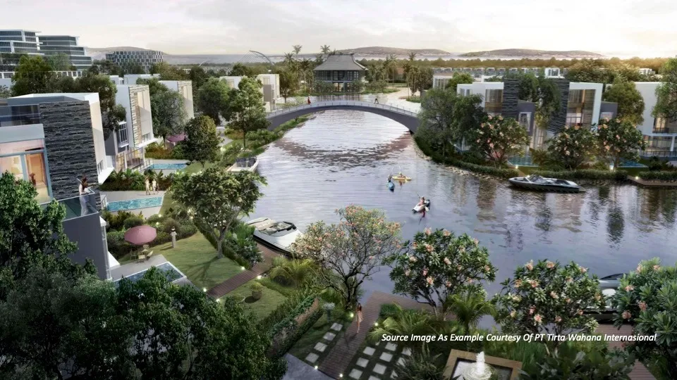 Illustration of an eco-city with residential buildings, a river with people kayaking, and a bridge.