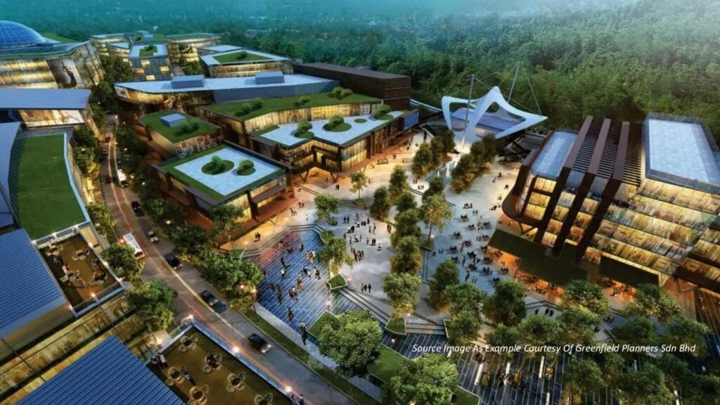 Illustration of a green, mixed-use city development with green roofs, a public square, and surrounding trees.