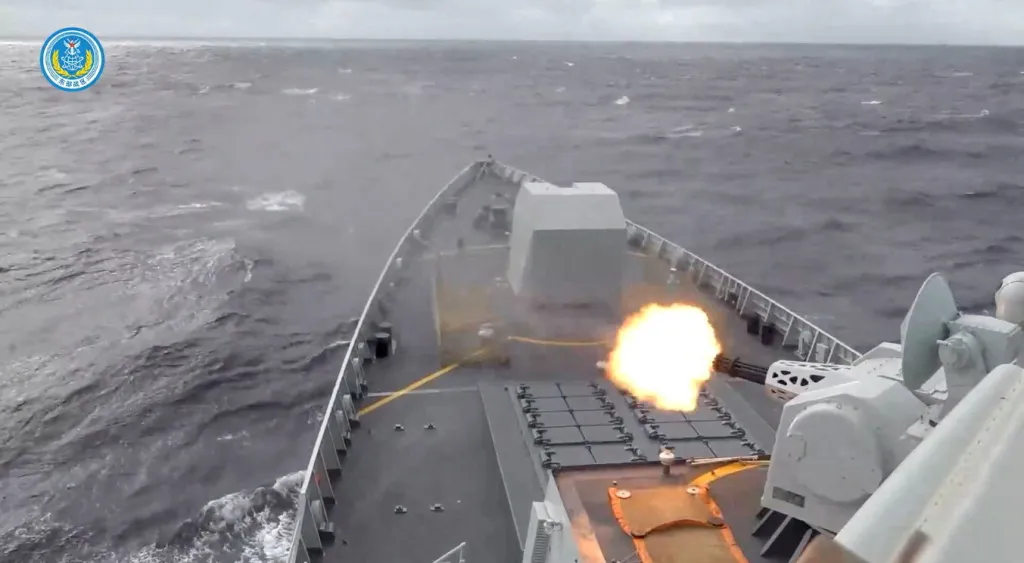 A ship of the PLA Eastern Theatre Command firing a weapon during drills east of Taiwan.