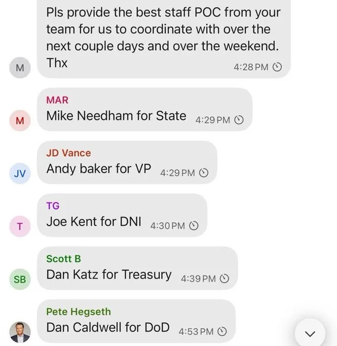 Screenshot of a text message conversation, with names like Mike Needham, JD Vance, and Pete Hegseth, discussing staff for various governmental roles.