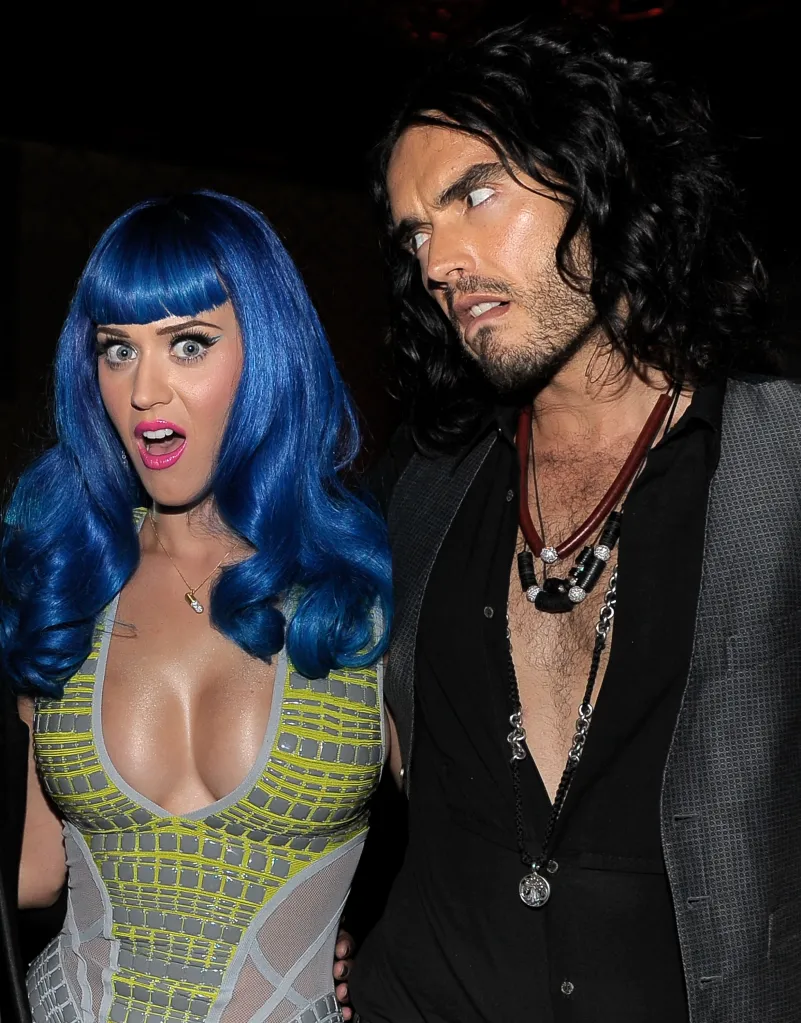 Singer Katy Perry with blue hair and actor Russell Brand.