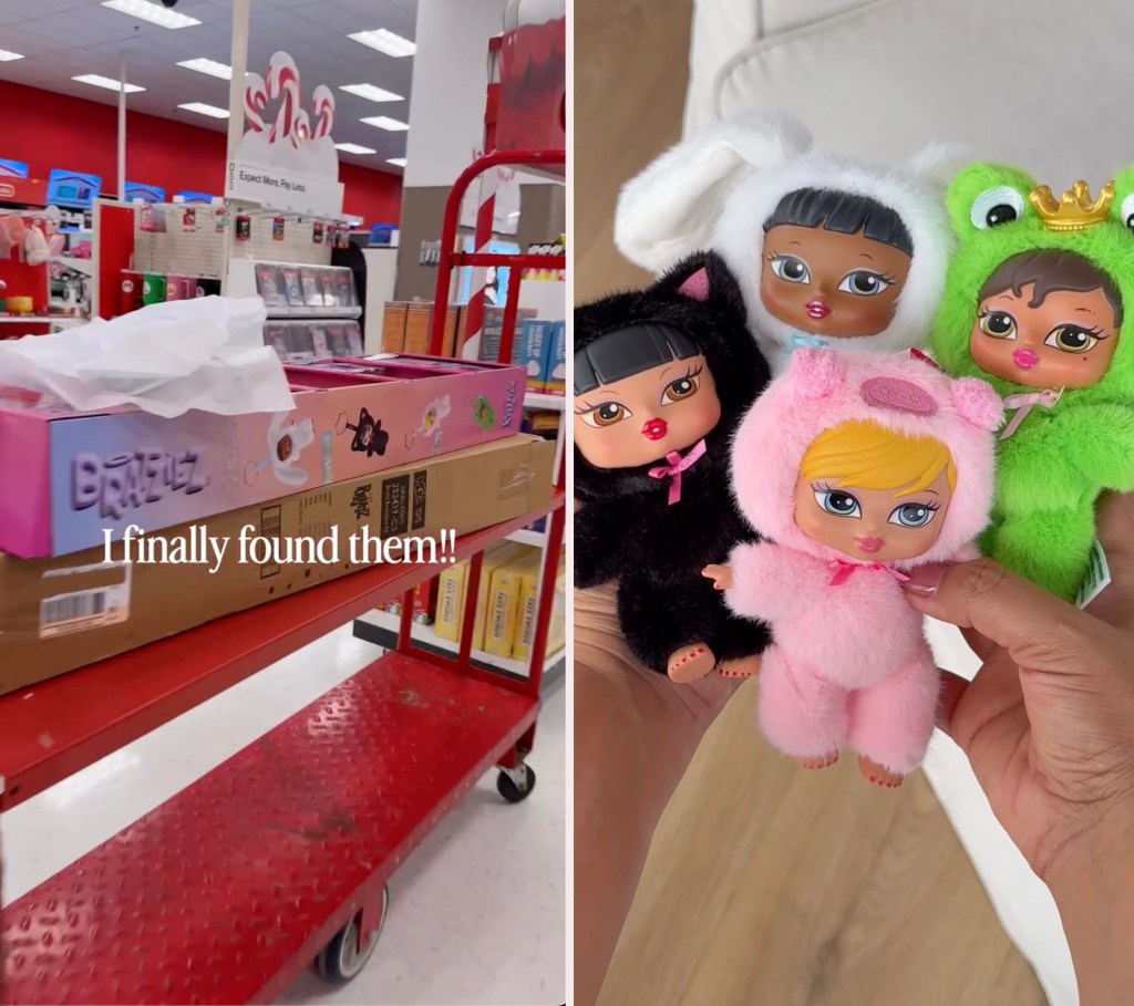 Collage of a red shopping cart with Bratz boxes and a hand holding four Bratz dolls.