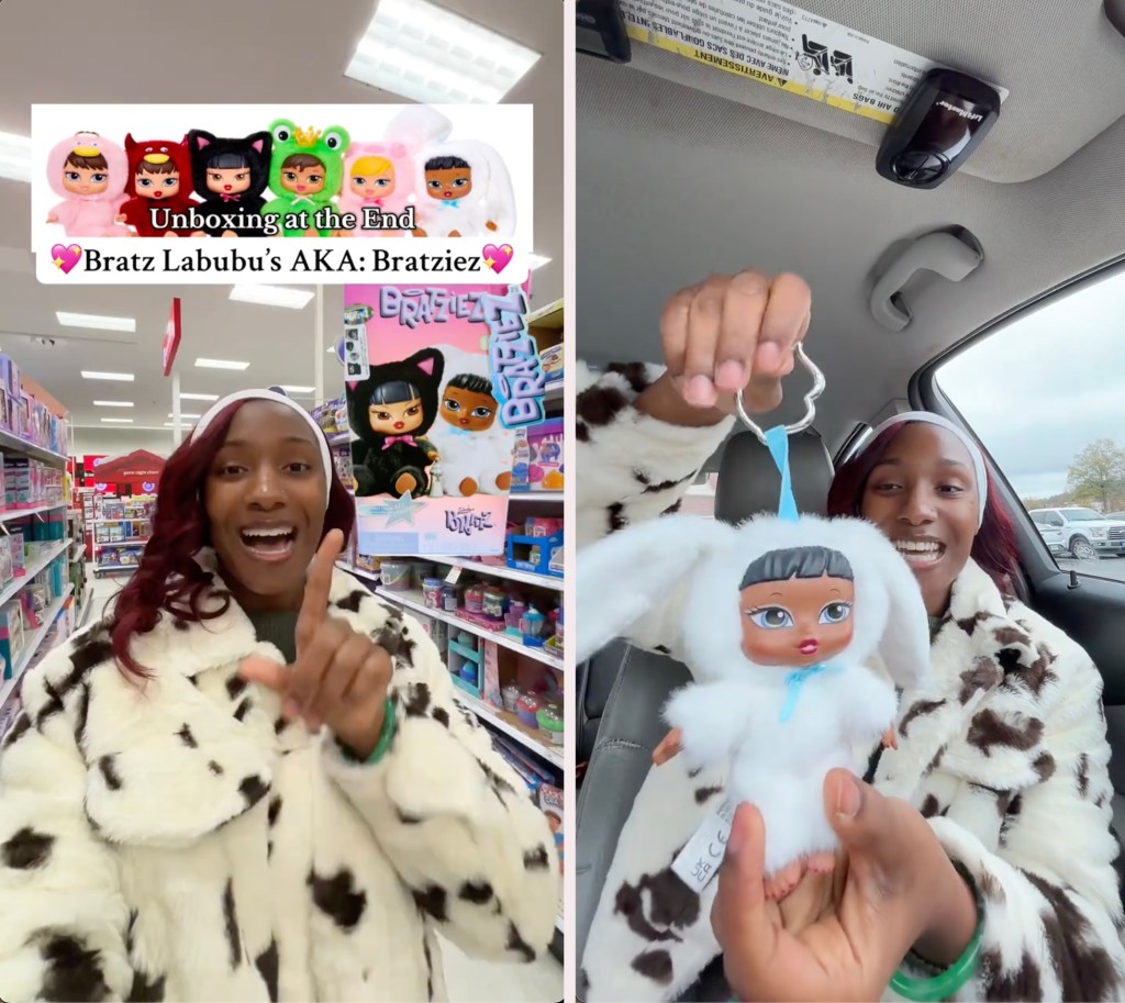 Collage of a woman finding Bratz Labubu dolls and unboxing one.