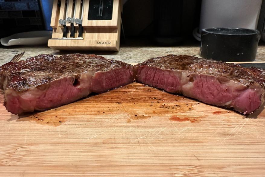 Steak cut in half