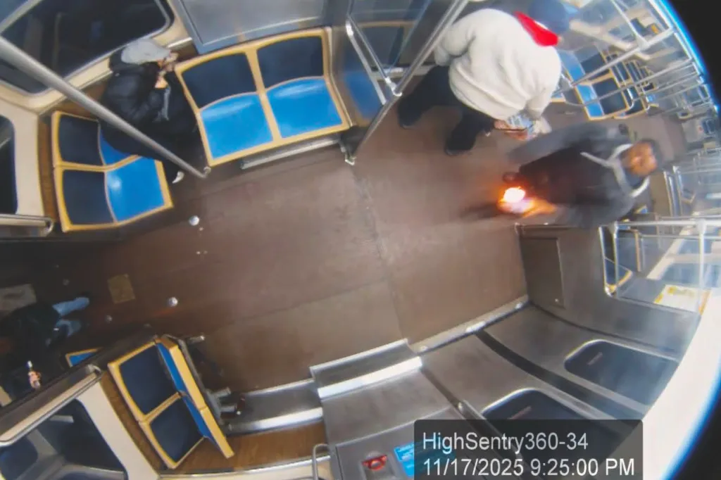 Surveillance video captured a train rider identified as Lawrence Reed holding a flaming bottle before his fire attack on Nov. 17, 2025.