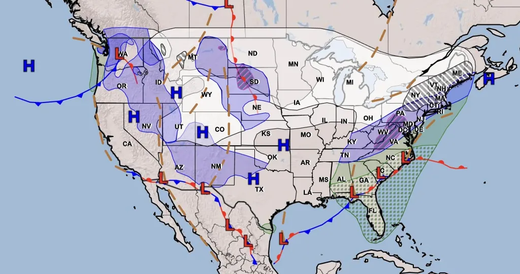 Illustration of a weather map showing areas of high and low pressure, rain, and snow across the US.