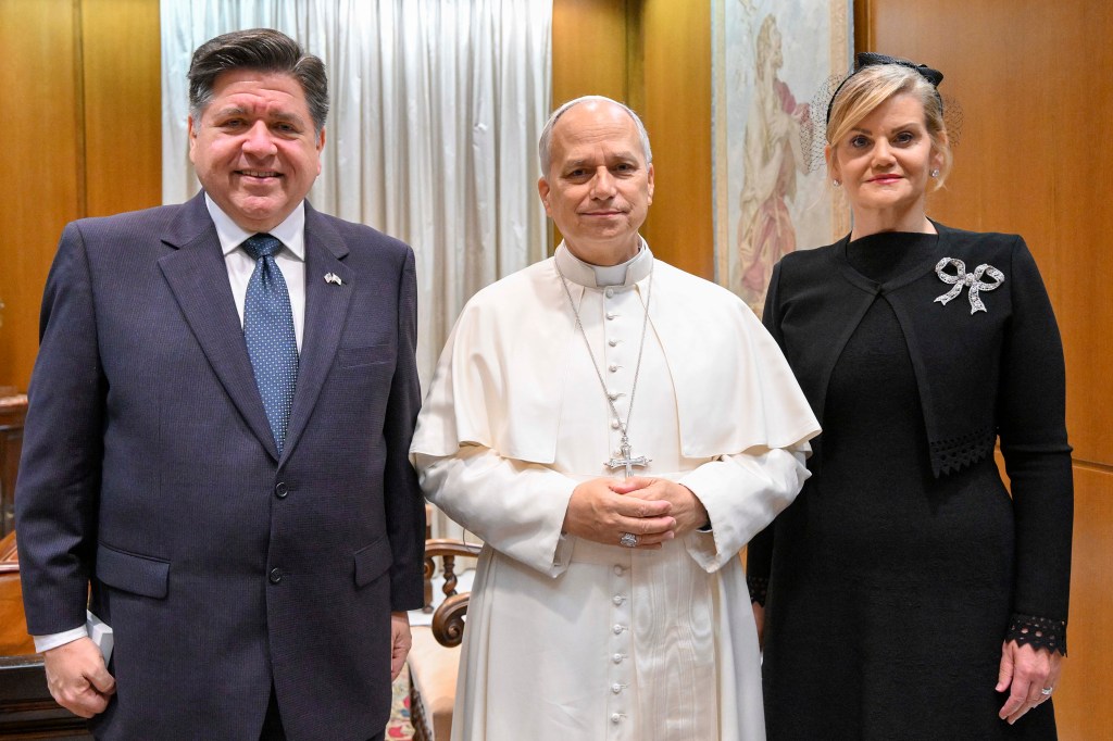 Illinois Gov. JB Pritzker and first lady Mary Kathryn Muenster pose with Pope Leo XIV in the Apostolic Palace in the Vatican on Nov. 19, 2025.