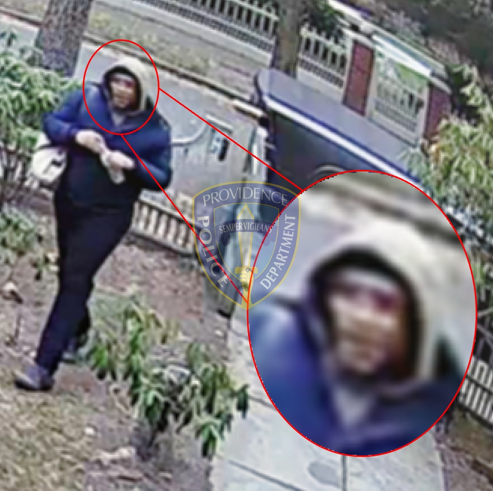 Surveillance footage showing a person in a hooded jacket, with an inset close-up of their face, identified by police as being in proximity to a shooting suspect.